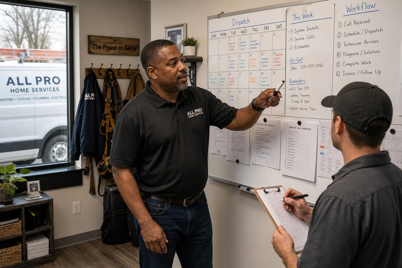 An African American male business owner reviewing schedules, work orders, and workflow documents with a team member to identify bottlenecks and next steps