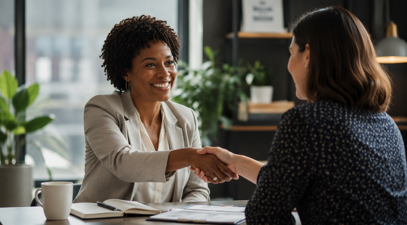 Two professionals in a warm, confident handshake — human connection, trust, and collaboration in action